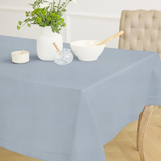 Solino Home Dusty Blue Linen Tablecloth 60 x 132 Inch - 100% Pure Linen Hemstitch Table Cloth for Rectangle Tables - Classic Hemstitch, Machine Washable Tablecloth for Winter, Spring, Easter