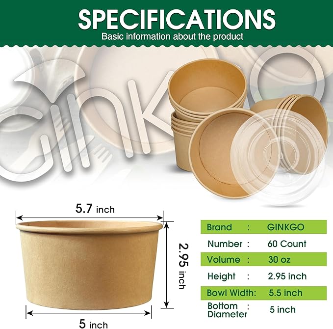 Ginkgo 30 oz Disposable Meal Prep Containers with Lids, Large Paper Bowls Bulk for Hot Soup, Food, Salad, Ice Cream, Dessert, Cereals, 60 Count