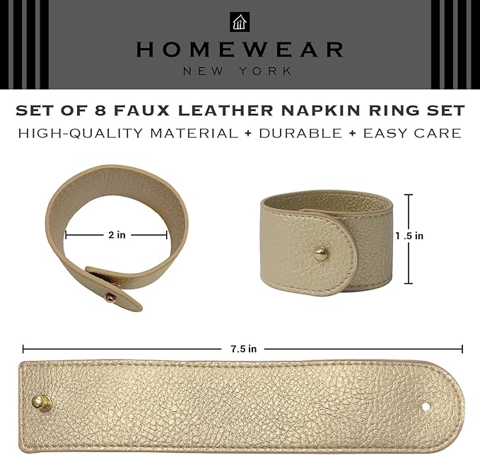 Luxury Leather Napkin Rings Set of 8, Gold, Morgan Faux Style, Modern Cuff Design for Wedding Party Decorations, Kitchen, Holiday Table,Rust Proof,Hotel, Home, Table Accessories, Dining