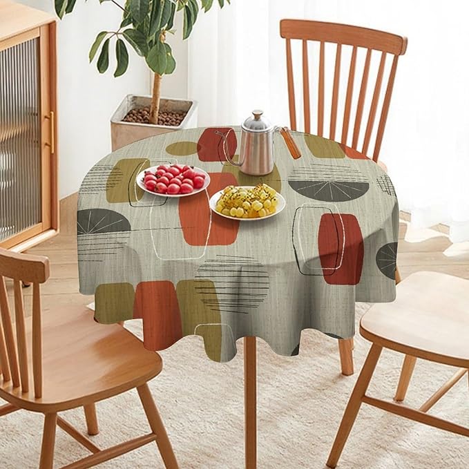 Retro Medieval Bohemian Round Tablecloth, Modern Mid Century Geometric Abstract Print Tablecloth for Home Party Dining Room Kitchen Decor 60Inch(152cm)