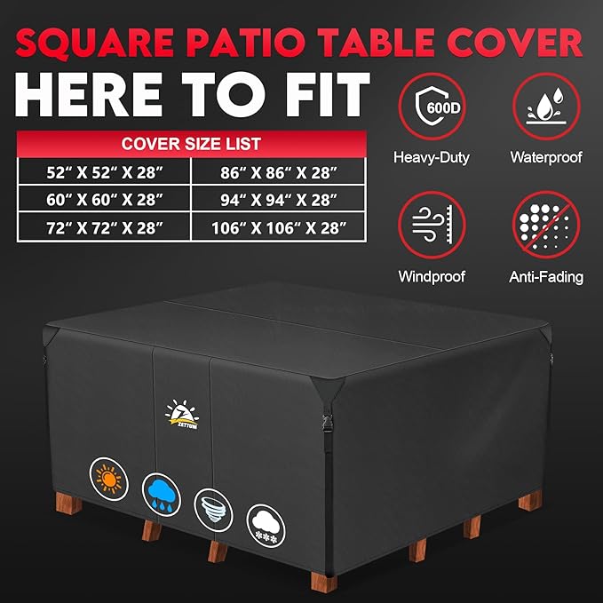 Zettum Patio Furniture Cover Square - 62 Inch Outdoor Table Cover Waterproof & Heavy Duty, 600D Lawn Furniture Set Covers for Outside Dining Table and Chairs Seating Combo - 62 x 62 x 28 Inch