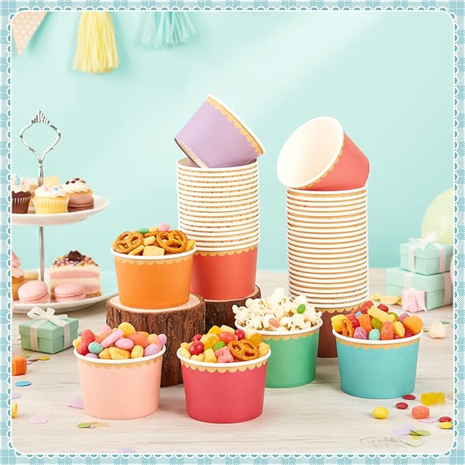 Zopeal 48 Pcs Colorful Disposable Ice Cream Bowls 9oz Candy Gradient Color Paper Snack Cups with Gold Scallop for Parties, Weddings, Baby Showers, Desserts, Yogurt, and Salads