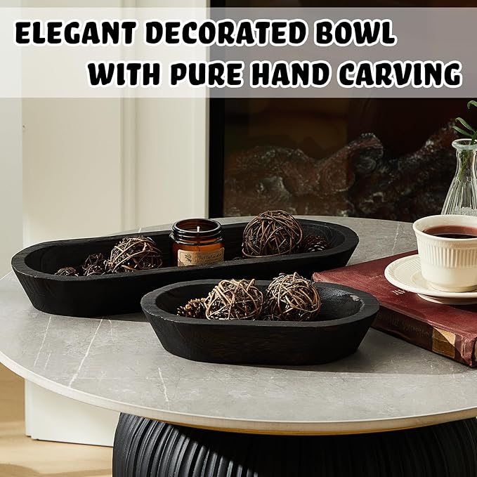 Tessco 2 Pcs Wooden Dough Bowl for Home Rustic Bread Long Wooden Bowl for Kitchen Dining Table Home Decoration(10 x 6 x 2 Inch, 16 x 6 x 2 Inch,Dark Brown)