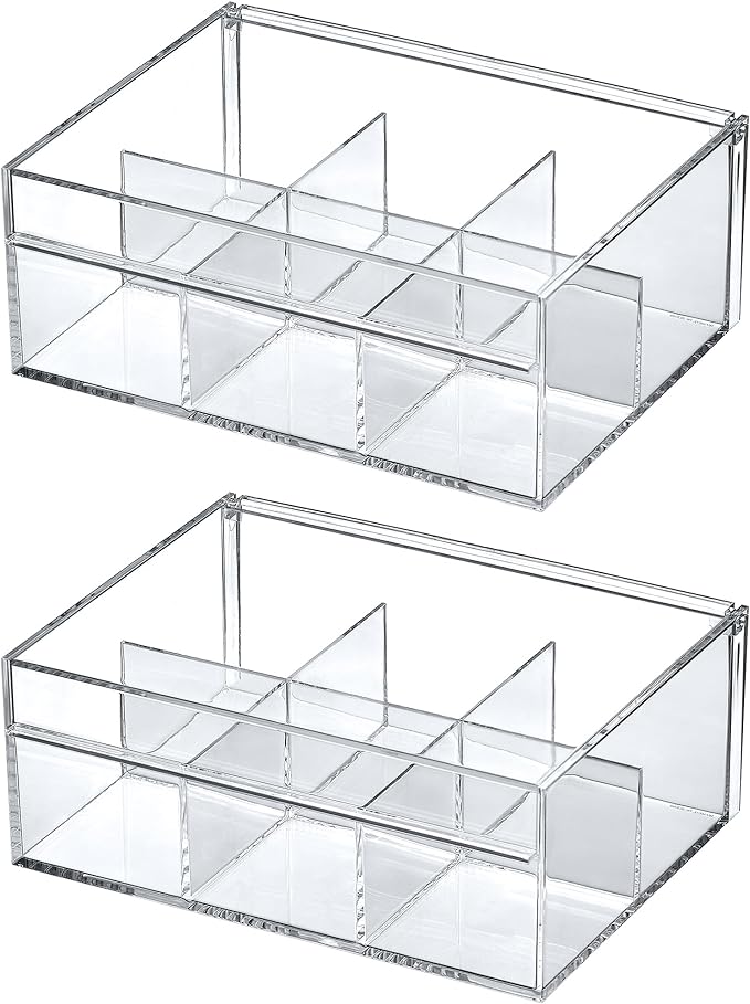 Amazing Abby - Tea-Rrific - 2-Pack Acrylic 6-Compartment Tea Bag Organizer, Clear Plastic Tea Box, 6-Slot Tea Chest, Perfect Tea Storage Solution for Kitchen Cabinet, Countertop, Pantry, and More