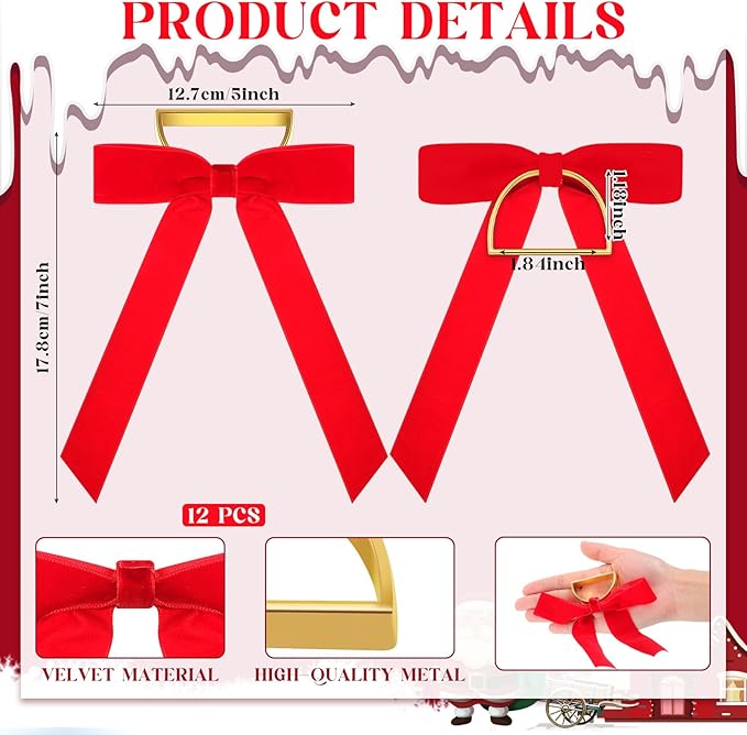 Riceshoot Velvet Bow Napkin Rings Bows with Gold Semicircle Metal Napkin Ring Velvet Bow Holder for Wine Bottles Table Settings Candlestick Wedding Valentine's Day Dinner(Red,12 Pcs)