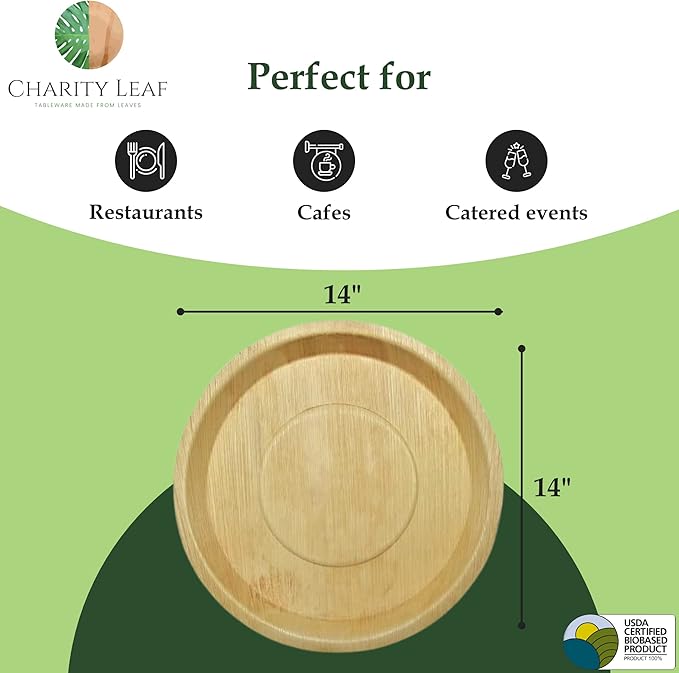 Charity Leaf Disposable Palm Leaf 14" Round Trays (10 pieces) Bamboo Like Serving Platters, Disposable Boards, Eco-Friendly Dinnerware For Weddings, Catering, Events