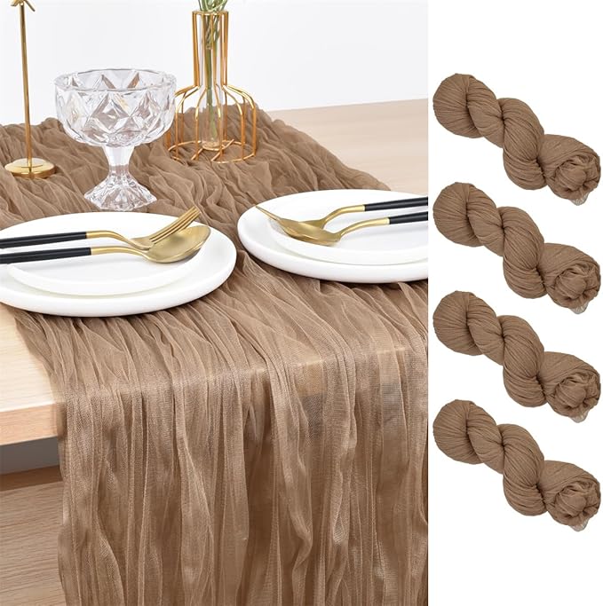 Joanlody Coffee Cheesecloth Table Runner Spring Easter 10Ft Rustic Gauze Boho Cheese Cloth Table Runner for Wedding Bridal Baby Shower Decoration 4 Pack