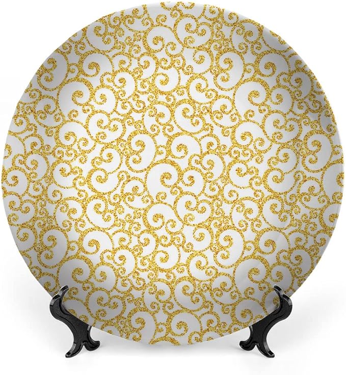 Decorative Plates, Victorian Print Ornament, Swirling Lines Floral, 7 Inch, Kitchen Wall Decor, Golden