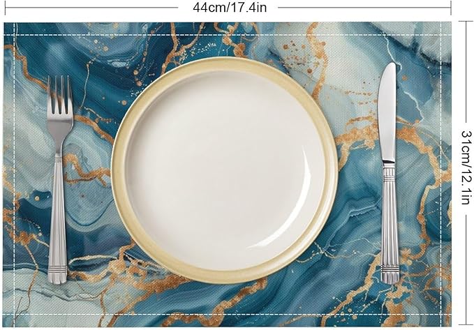 Marble Linen Placemats Set of 2, Modern Abstract Foil Stone Texture Gold Blue Marble 12x17 Inch Washable Table Mats Non Slip Placemats for Wedding Party Kitchen Banquets Dining Decoration