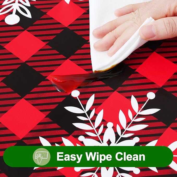 Smiry Plastic Christmas Tablecloth, Buffalo Plaid Waterproof Elastic Fitted Table Covers, Wipeable Flannel Backed Vinyl Tablecloths for Dinner, and New Year Celebration (Black & Red, 30x48 Inches)