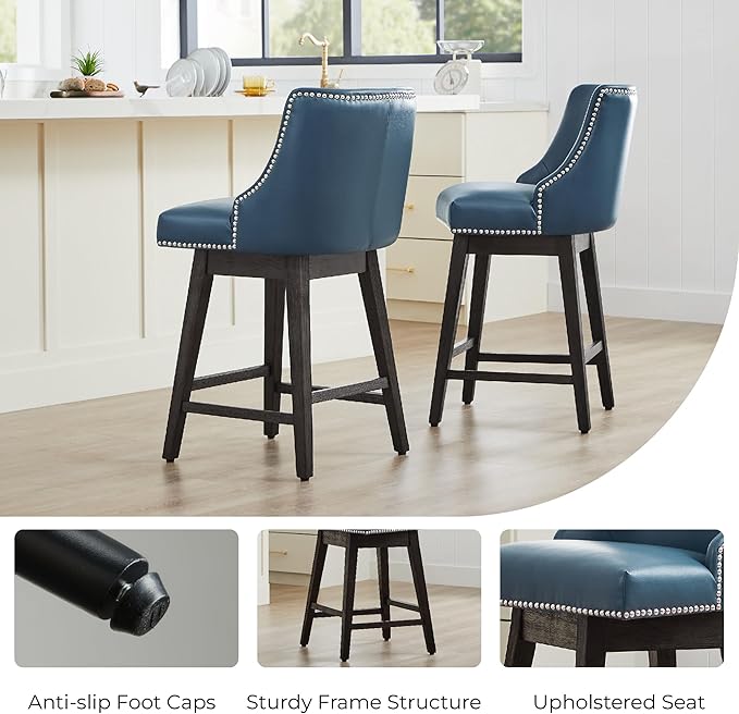 CHITA Counter Height Swivel Bar Stools Set of 4, FSC Certified Upholstered Counter Stools, Modern Swivel Barstools with Wood Legs for Kitchen Island, 26" Seat Height, Faux Leather in Blue