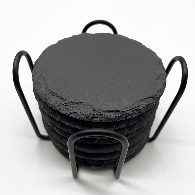8 Pack 4 inch Round Slate Coasters with Metal Holder,Handmade Natural Rough Edge,with Integral Anti-Skid pad,Laser Engraving Blanks,Stone Coasters