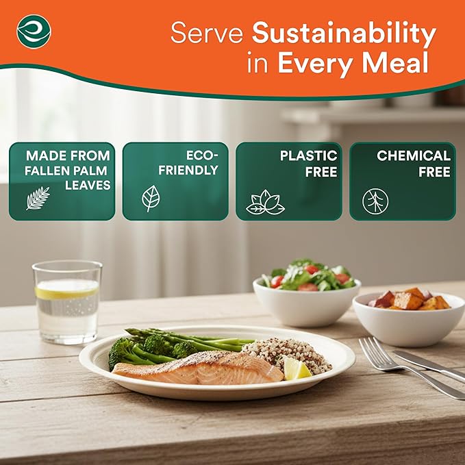ECO SOUL Palm Leaf Plates 8"(50 Count) Round Compostable Bamboo Plates Heavy- Duty, Biodegradable Eco-Friendly Dinnerware for Christmas Party Dinner, Wedding, Holiday & Event
