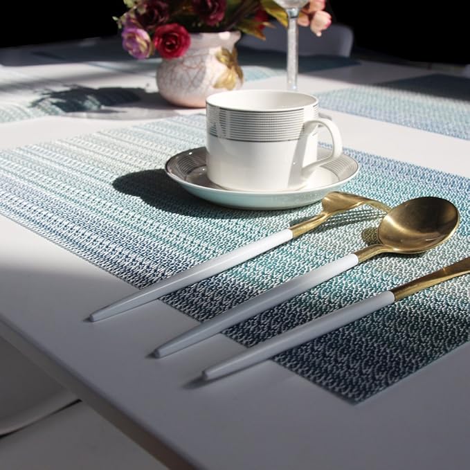 Placemats Washable Easy to Clean PVC Placemat for Kitchen Table Heat-resistand Woven Vinyl Hard Table Mats 12x18 inches Set of 6 （Blue）