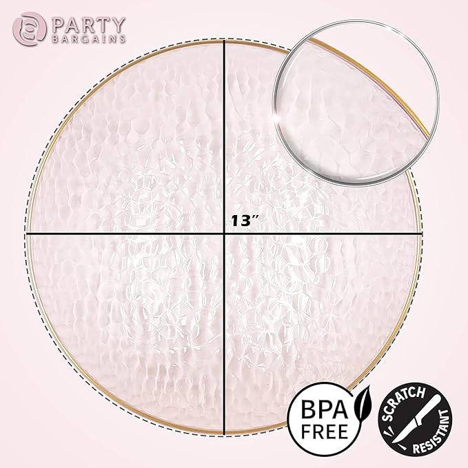 PARTY BARGAINS 13-Inch Charger Plates - 16 Pack, Hammered Pink Gold Rim, Heavy-Duty Disposable Chargers for Elegant Dining - Ideal for Weddings and Formal Events