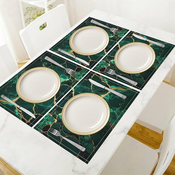 Marble Linen Placemats Set of 2, Modern Luxury Foil Texture Hunter Green White Gold Marble 12x17 Inch Washable Table Mats Non Slip Placemats for Wedding Party Kitchen Banquets Dining Decoration
