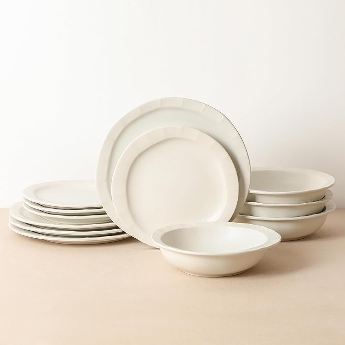Stone Lain Oasis Stoneware 24 Piece Dinnerware Set, Home Kitchen Dish Set with Dinner Plates, Salad Plates & Bowls - Service for 8, White