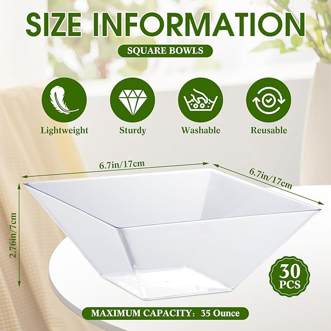 Tioncy 30 Pcs Square Plastic Serving Bowls, Medium Salad Fluted Plastic 35 oz Disposable Serving Bowls Containers for Parties, Snack, Buffet, Chips(Clear,Classic)