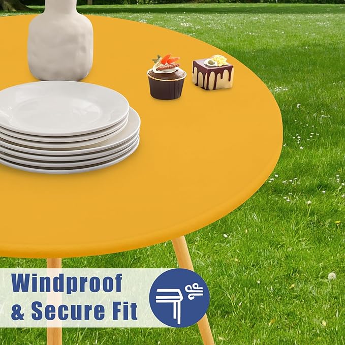 Round Spandex Tablecloth, Elastic Fitted Waterproof Tablecloths for 57"-68" Tables, Stretch Washable Picnic Table Cover for Camping, Dining, Indoor and Outdoor, Mustard Yellow