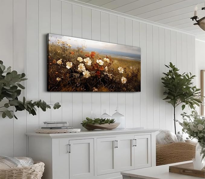 ADJUVANT Wall Art Vintage Coastal Wildflower Field 48"L x 24"W, Seaside Meadow With White And Orange Blooms Canvas Painting Nature Artwork Retro Floral Prints Botanic Wall Decor for Living Room Bedroom