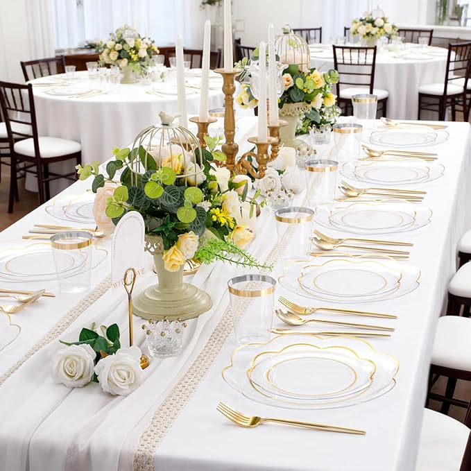 EI 180pcs Clear Plastic Plates with Gold Plastic Silverware, Plate for Party,Clear Dinnerware Set,Heavy Duty Plate for Wedding,Afternoon Tea,Spring,Mother's Day,Valentine's Day,Easter