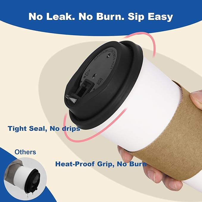12 oz 100 Pack Coffee Cups with Lids and Sleeves, Straws, Hot Disposable To Go Travel Paper Cups Bulk for Office, Home Coffee Bar Accessories, Chocolate, Cocoa, Beverage (White)
