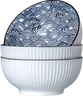 60 oz Large Soup Bowls, Pho Bowls, 8 Inch Blue and White Ceramic Japanese Ramen Bowls Set of 3 - Wave Pattern