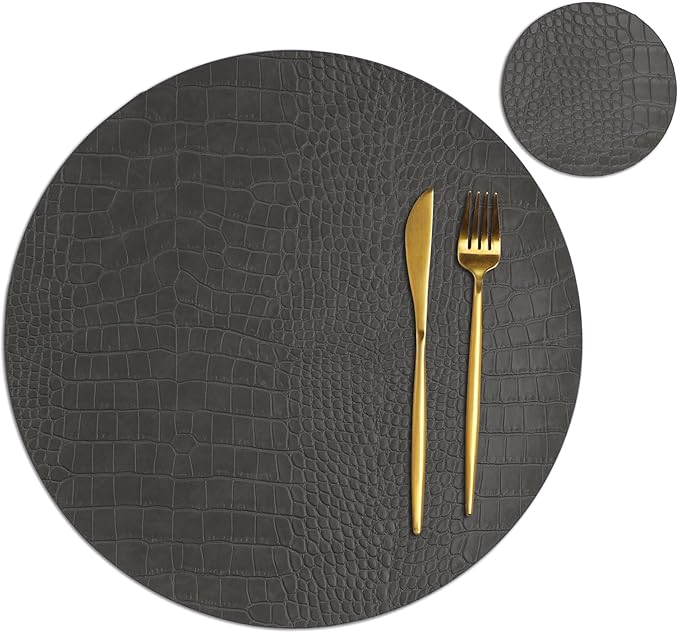 Round Leather Placemats for Round Tables Set of 4, Gray Table Place Mats and Coasters, Washable Easy to Care for Indoor Decor 13" Diameter