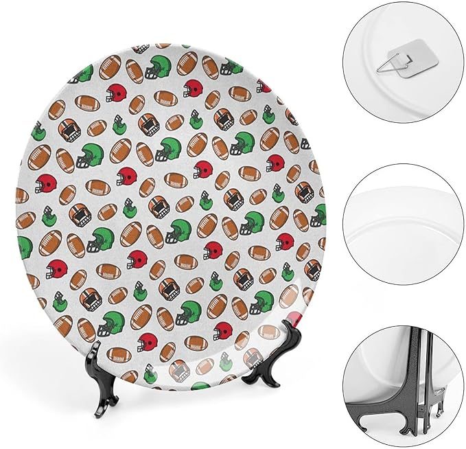 Ceramic Display Plate, American Football Ceramic Hanging Decorative Plate, Cartoon Style Rugby Icons Balls American, 10 Inch, Living Room Kitchen Decoration Household, Multicolor