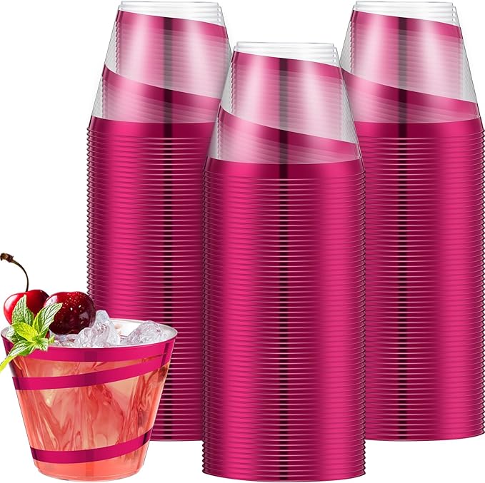 Gejoy 9 oz Rimmed Swirl Plastic Cups Disposable Wine Drinking Cups Clear Elegant Halloween Tumblers for Christmas Party Supplies(Hot Pink,24 Pcs)