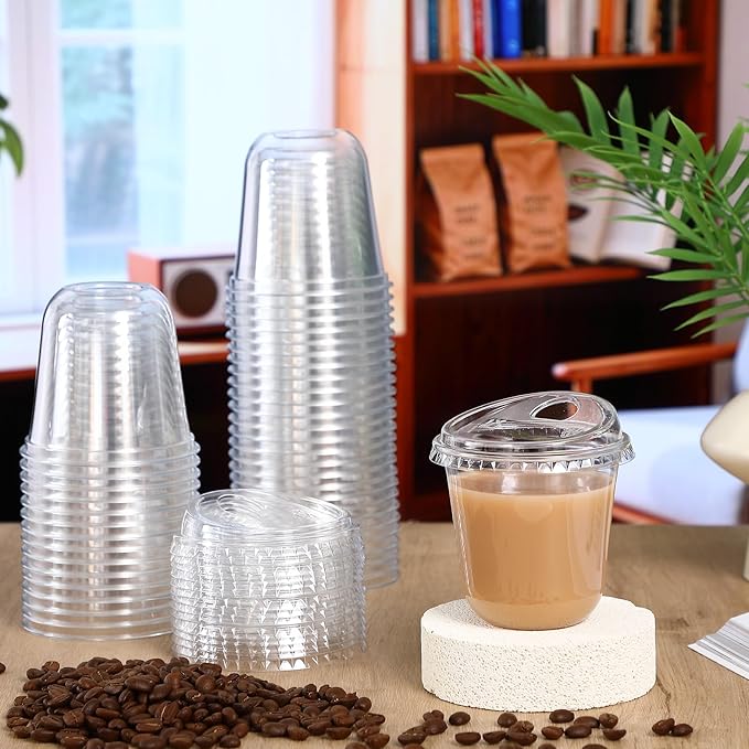 Baderke 100 Pcs Plastic Cups with Sip Lids Round Bottom Disposable Plastic Coffee Cups with Lids Clear Strawless Crystal Mugs for Iced Coffee Smoothie Cold Beverage Party Catering Supplies (10 oz)