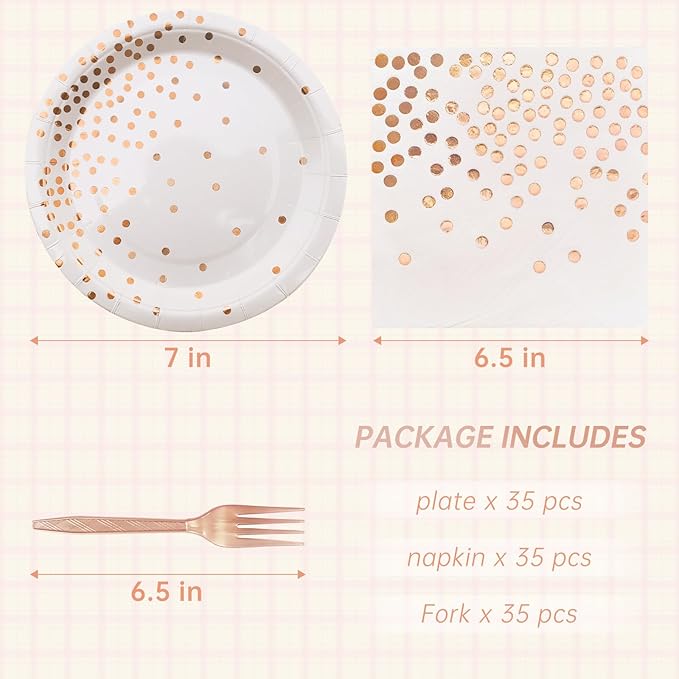 Serves 35 Guests White and Rose Gold Party Supplies,White and Rose Gold Birthday Paper Plates and Napkins,7" Disposable Party Dinnerware for Women