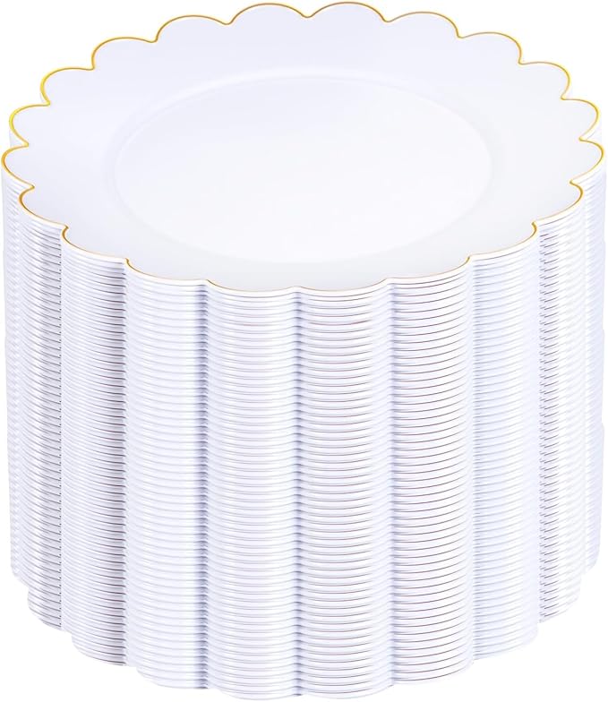 SUT 72Pcs Plastic Plates-7.5inch White Dessert Plates with Gold Trim, White Disposable Plates, Disposable Plates,Fancy Plastic Plates, Heavy Duty Plastic Plates for Parties