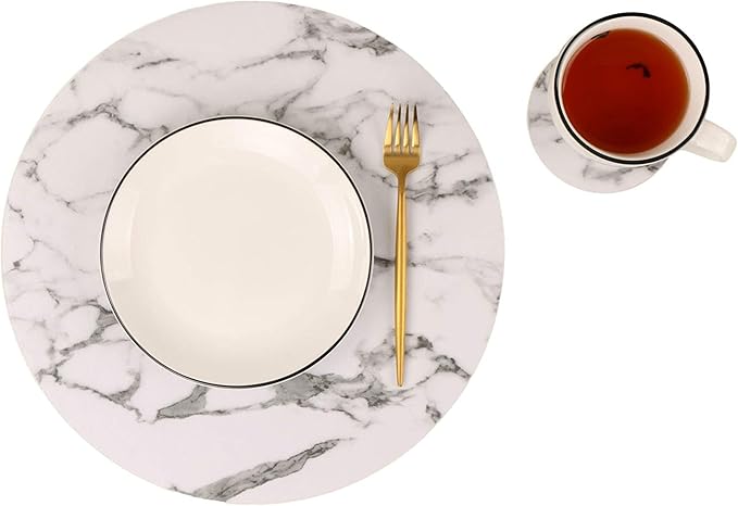 Marble Round Placemats and Coasters, Faux Leather Waterproof Table Mats, Easy to Wipe Off for Kitchen Dining Round Table