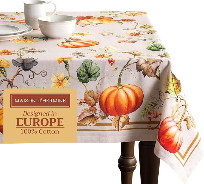 Maison d' Hermine Table Cloth Rectangle Table 100% Cotton 60 x 120 Inches Fall Tablecloth Reusable Everyday Use for Thanksgiving Christmas Decorations Dining Farmhouse Party (Potiron)