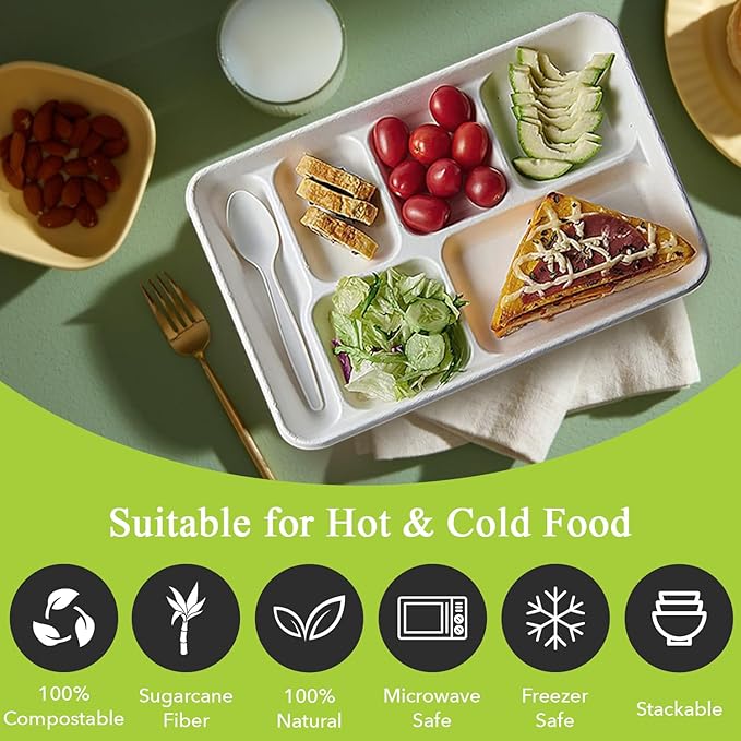 three leaf 6 COMPARTMENT BAGASSE TRAY 150 Ct. Heavy-Duty- Super Strong- Natural- Eco-Friendly Disposable Bagasse Plates, 100% Biodegradable 6 Compartment meal Plates