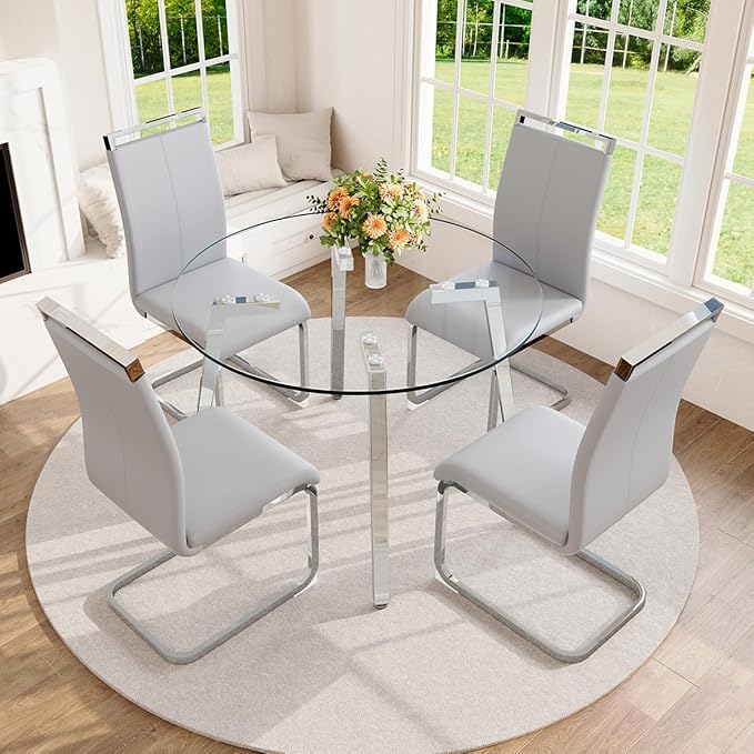 42" Round Glass Dining Table Set for 4,Modern Breakfast Table Set for 4 with Silver Chrome Legs,Space Saving Kitchen Table and Light Grey Chairs for Apartment,Easy Assembly