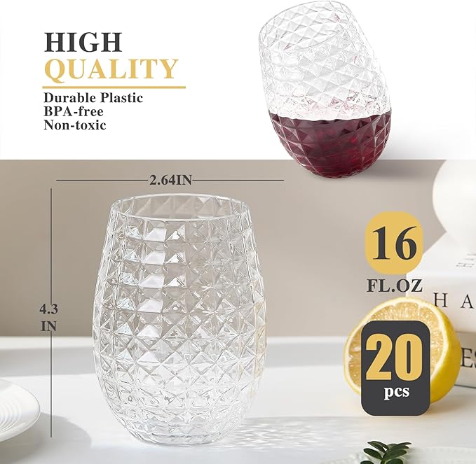 20 Pack Plastic Wine Glasses, 16Oz Disposable Wine Glasses Unbreakable Clear Plastic Cocktail Glasses Recyclable Shatterproof Reusable Wine Cups