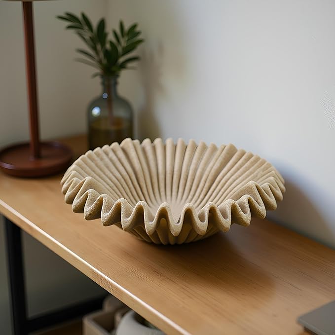 Large Decorative Bowl decor, Scalloped Pedestal Bowls for Modern Home Decor,Ruffle Decor,Stylish Key Bowl for Entry Table,Decorative Fruit Bowl for Kitchen Counter,Artificial Stone Beige