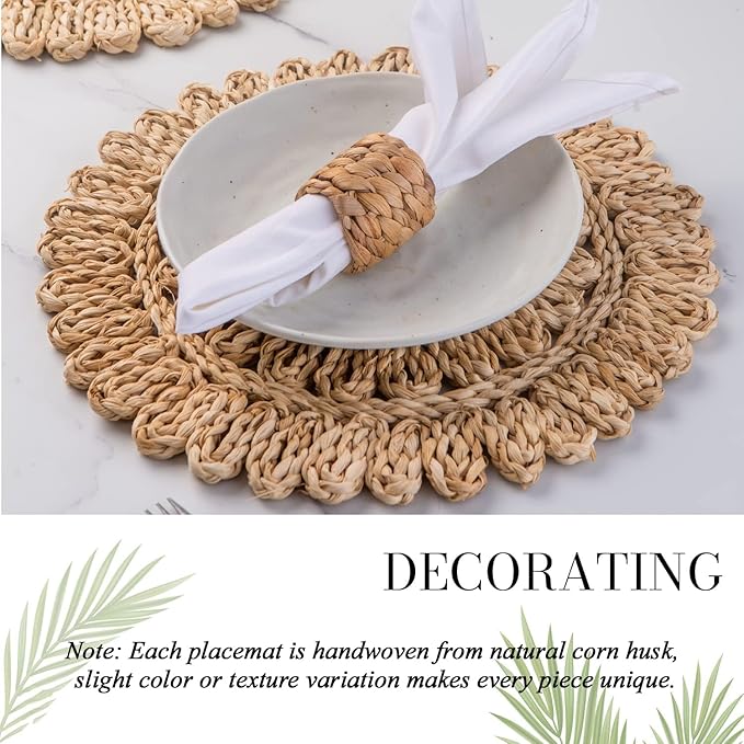 13.8" Set of 8 Round Corn Husk Placemats | Boho Woven Rattan Table Mats | Farmhouse Wicker Spring Plate Chargers Like Water Hyacinth, Seagrass for Wedding, Party, Christmas, Events