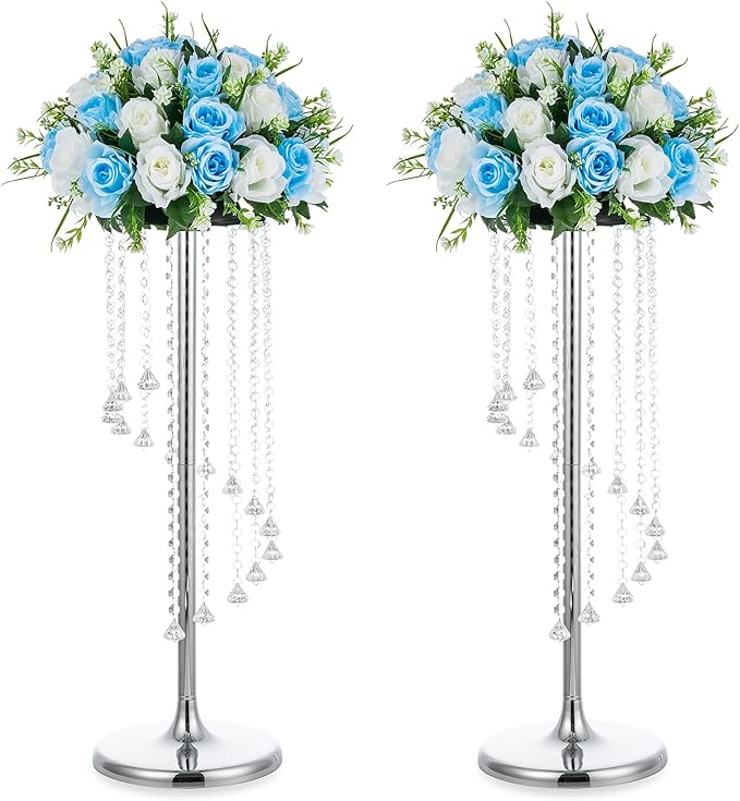 Nuptio 2 Pcs 27.6inch Tall Wedding Centerpieces Silver Vases Crystal Flower Vase Metal Flowers Stand for Party Tables Decorations - Elegant Bulk Weddings Decoration Table Chandelier Centerpiece stands