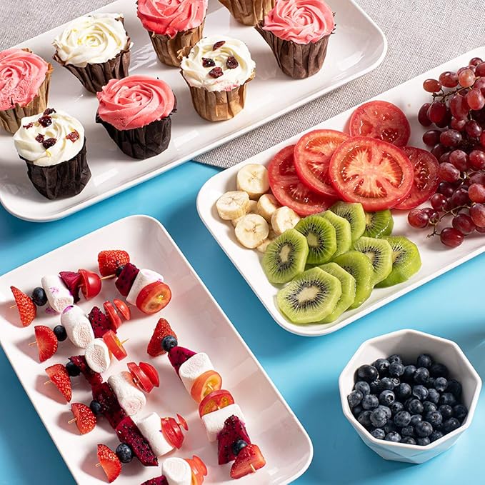 DELLING Large Serving Platter Set 16/14/12inch Large Serving Tray - Rectangular White Serving Trays for Party, Turkey Platter Set of 3, Dinner Parties
