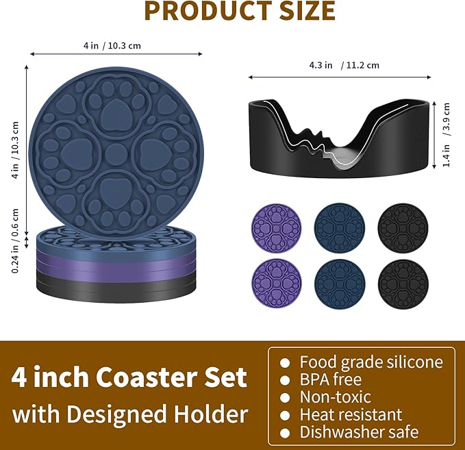4 Inch Silicone Coasters Set of 6, (Black, Blue, Purple) Absorbent Non-Slip Drinks Coaster for Protecting Coffee Tables/Desks, Perfect for Home, Kitchen, Living Room & Office
