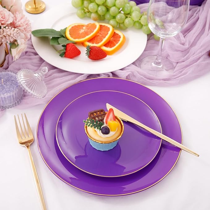 PULOTE 100PCS Purple Plastic Plates - Purple and Gold Disposable Include 50 Each (10.25 Inch Dinner & 7.5 Inch Dessert) Plates, Ideal for Party