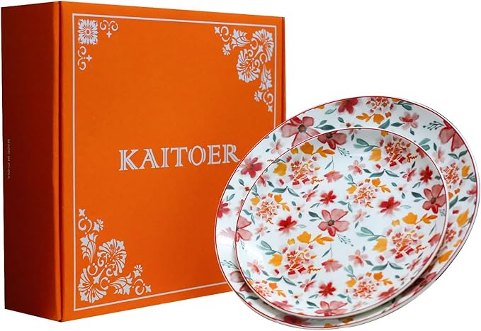Porcelain Floral Plates 8 Inches &10 Inches 4 Pieces Total,Ceramic Dessert Plate,Appetizer Salad Plate Set, Dinnerware Dinner Plates for Kitchen,Cake Snacks