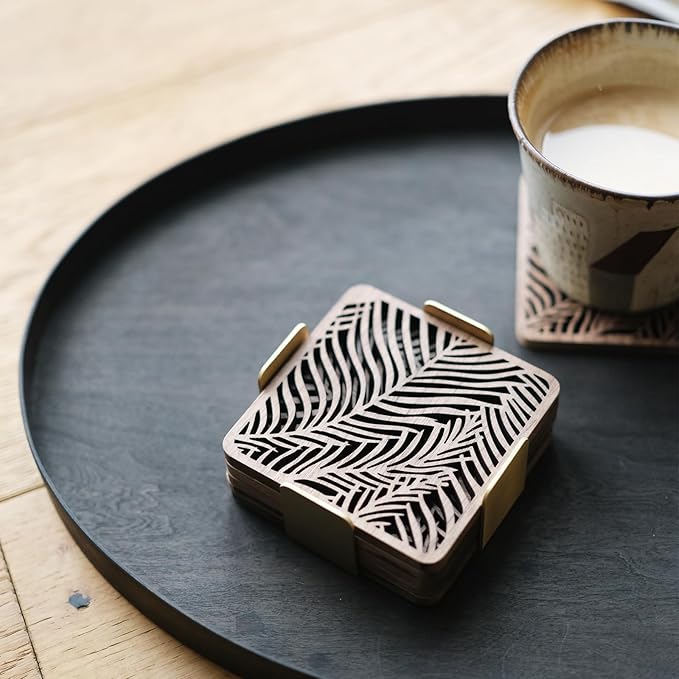 Wooden Coasters Set of 6 with Holder, Wood Coaster for Laser Engraving, Tree of Life Coasters, Walnut Wood and Brass (Square)
