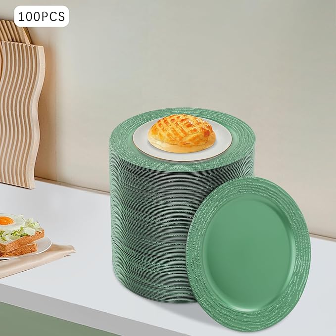 100 Pcs Green Charger Plates Bulk, 13 Inch Antique Plastic Round Chargers Set, Textured Decorative Dinner Plates for Wedding Party Banquet Event Festival Table Decoration (Green)