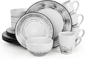 Homlouue 16 Pcs Stoneware Dinnerware Sets for 4, Porcelain Farmhouse Plates Bowls Mugs Set - Minimalist Chip Resistant Dish Set, Microwave & Dishwasher Safe in White and Black Thread