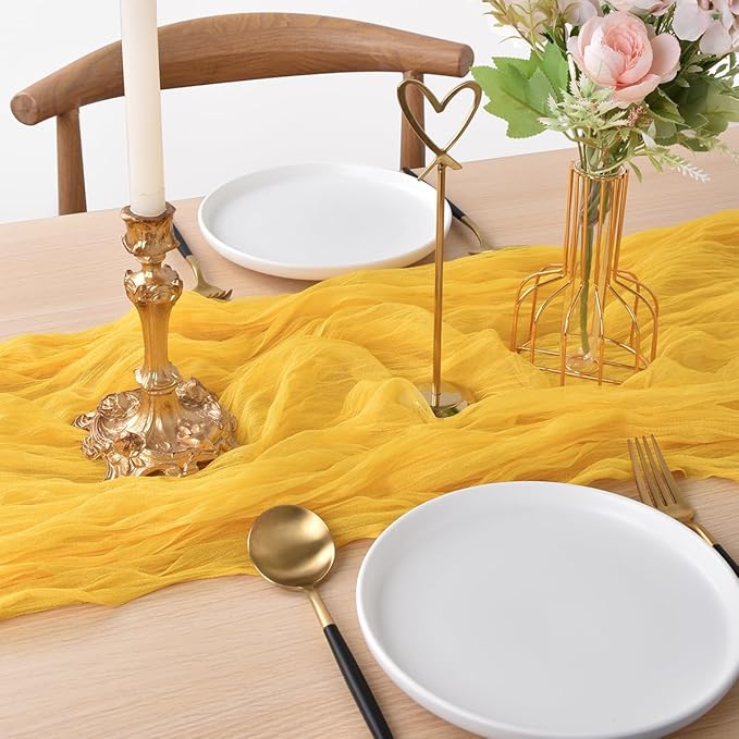 Joanlody Yellow Cheesecloth Table Runner Spring Easter 10Ft Rustic Gauze Boho Cheese Cloth Table Runner for Wedding Bridal Baby Shower Decoration 6 Pack