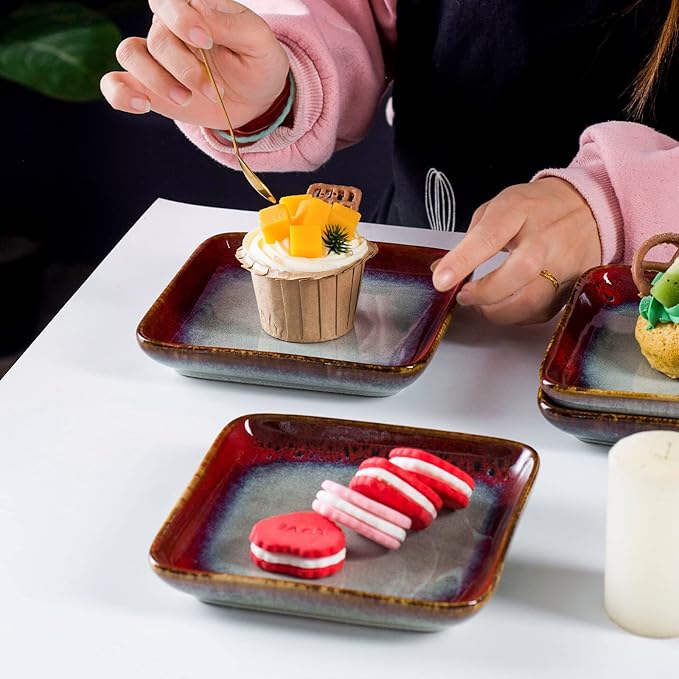 HENXFEN LEAD Small Square Plates 6.3 Inch – Ceramic Dessert, Appetizer & Snack Plates Microwave & Dishwasher Safe – Set of 4, Reactive Glaze Red